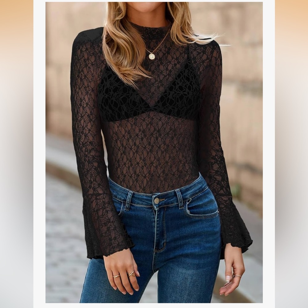 Black mock neck bell sleeve lace sheer top medium